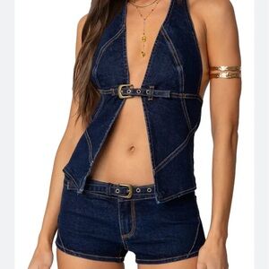 Edikted Denim Halter Top & Shorts Set (Never Worn)